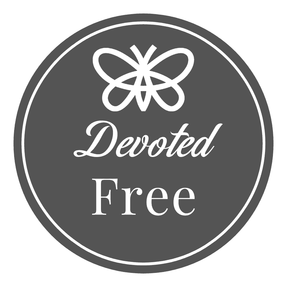 Free A gray circular badge with a white butterfly icon above the words "Devoted Free" in script and serif fonts.