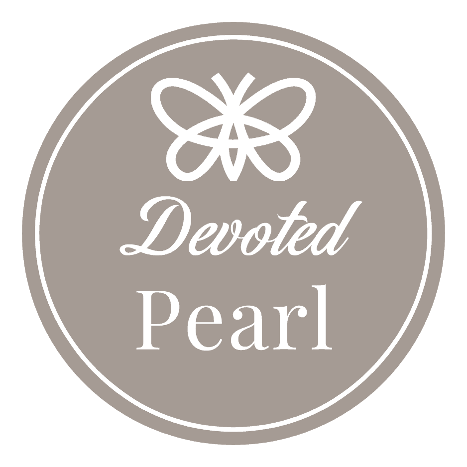 Pearl A circular logo with a white abstract butterfly above the words "Devoted Pearl" on a gray-green background.