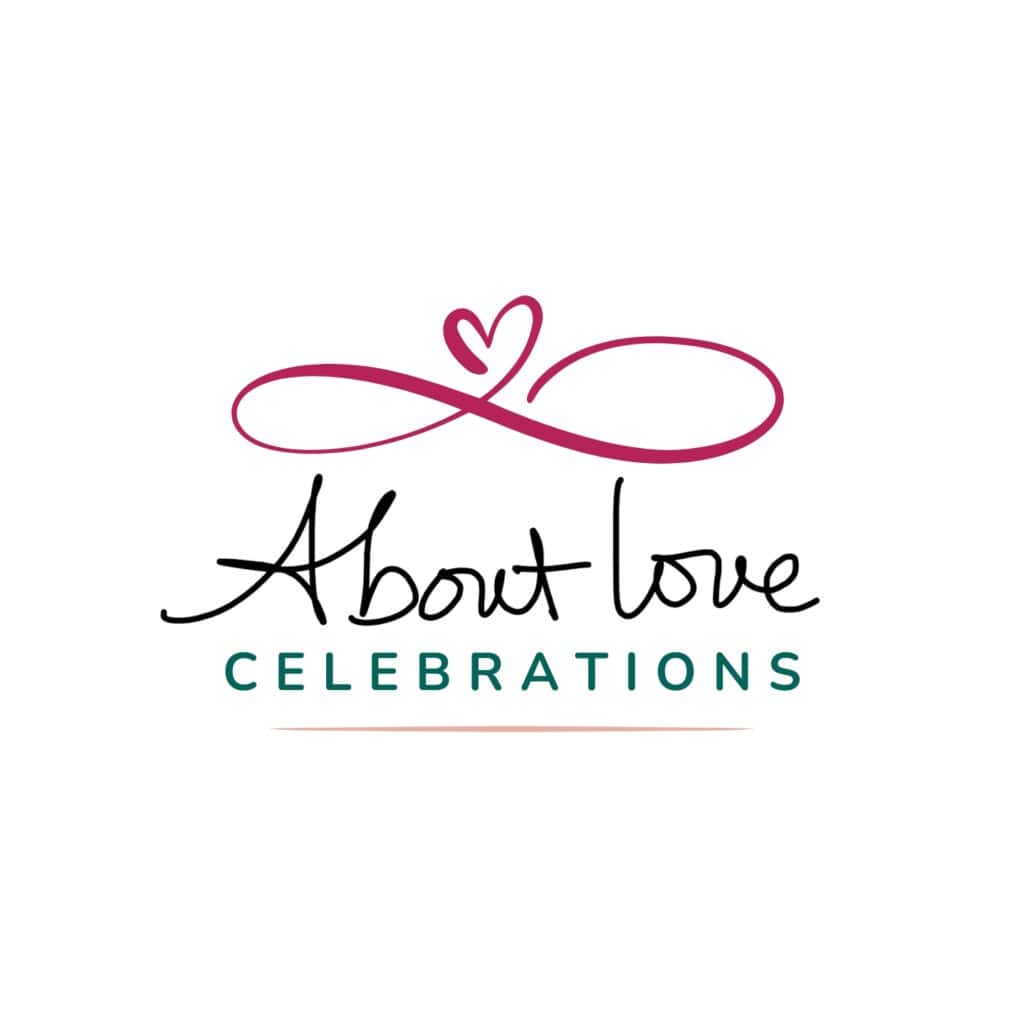 About Love Celebrations logo featuring a pink heart-shaped flourish above the business name in black and teal text.
