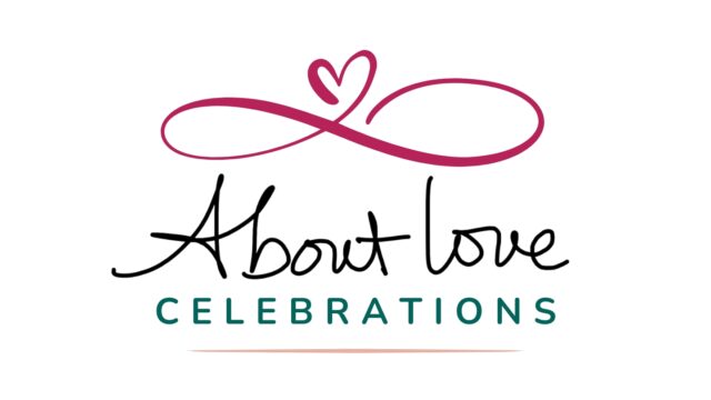 About Love Celebrations logo featuring a pink heart-shaped flourish above the business name in black and teal text.