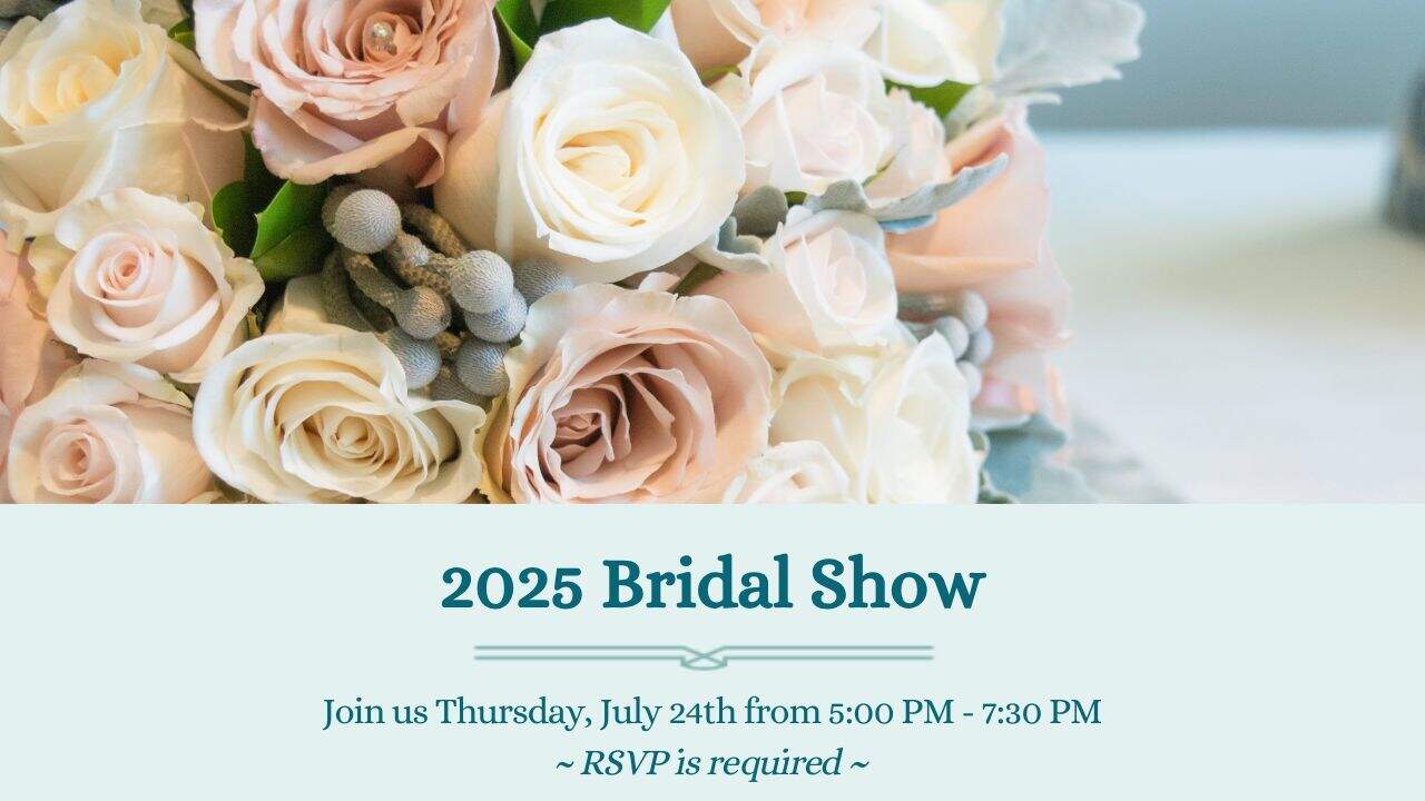 Soft pastel wedding bouquet with ivory, blush, and pale pink roses promoting the July 24th, 2025 Bridal Show at Olde Mill Inn.