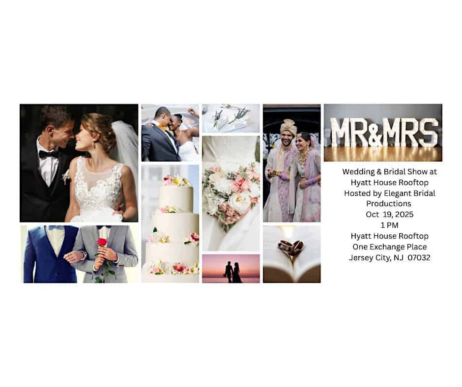 Collage of wedding images including couples, rings, cake, flowers, and décor with event details for the Hyatt House Rooftop Wedding & Bridal Show.