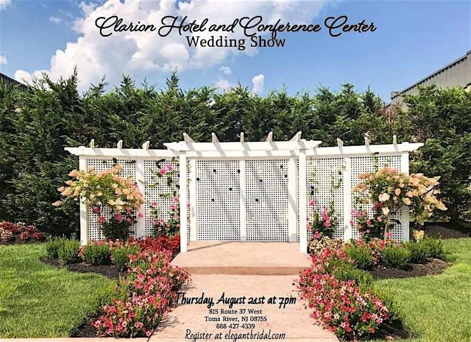 Outdoor garden walkway with white pergola, blooming roses, and event text promoting the Clarion Hotel and Conference Center Wedding Show.