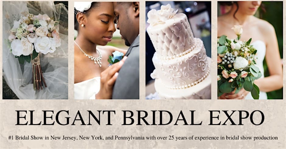 A collage of elegant wedding images including floral bouquets, a bride and groom, and a tiered white wedding cake, promoting the Elegant Bridal Expo.