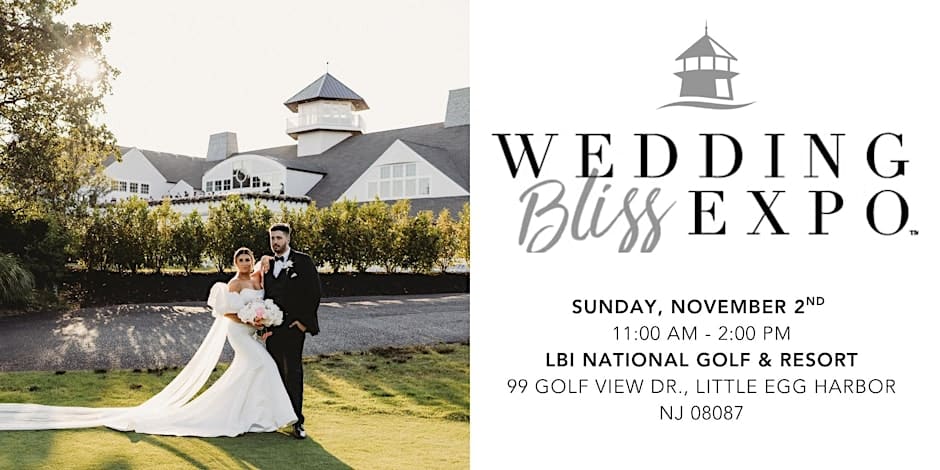 A bride and groom stand elegantly on the grounds of LBI National Golf & Resort in front of the venue.