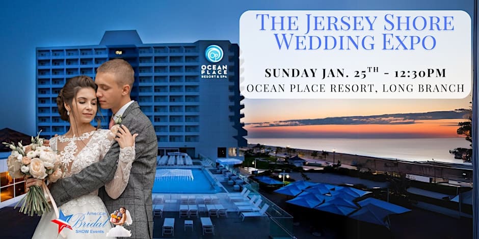 A couple embraces in wedding attire in front of the Ocean Place Resort & Spa at sunset, with a pool and the ocean visible in the background.