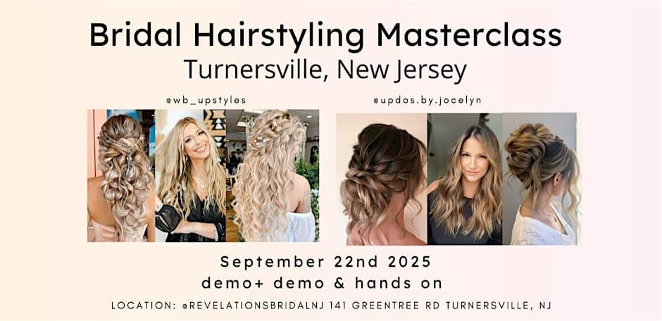 A promotional flyer for a bridal hairstyling masterclass, featuring a collage of four photos showing various elegant bridal hairstyles.