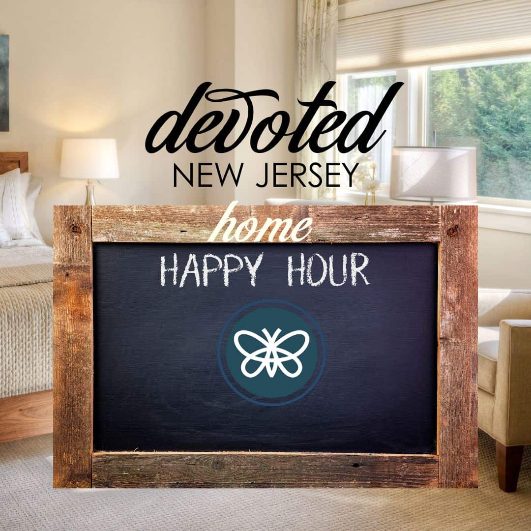 A rustic chalkboard with the words “Home Happy Hour” and the Devoted New Jersey logo. The event graphic promotes DNJ’s virtual happy hour networking event for NJ wedding vendors.