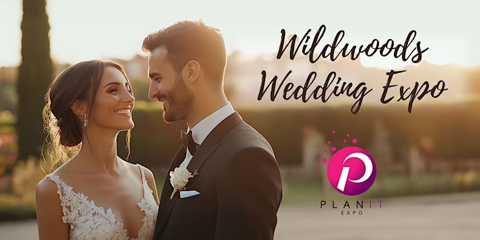 A smiling bride and groom in elegant wedding attire share a joyful moment outdoors at sunset. Overlaid text reads “Wildwoods Wedding Expo,” with the Plan It Expo logo in the corner.