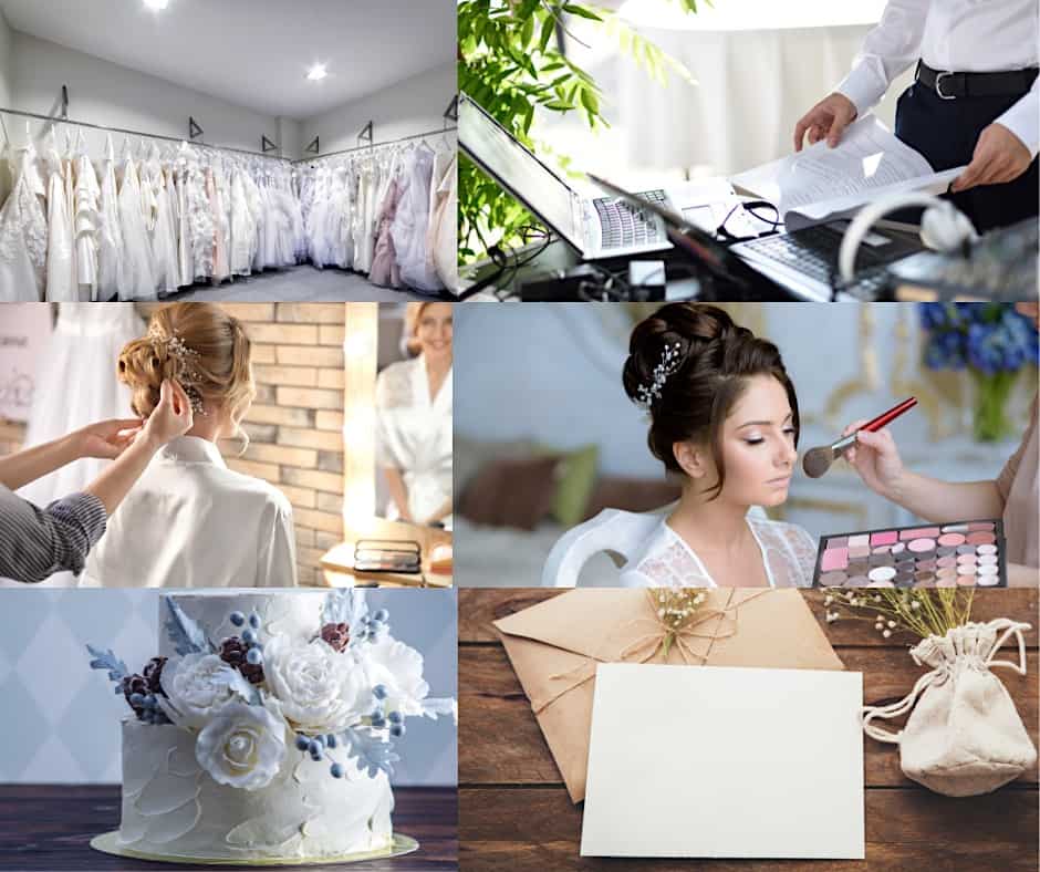 A collage of six images showing various wedding services, including a rack of wedding dresses, a DJ setup, a bride getting her hair styled, a bride having makeup applied, a tiered wedding cake, and a wedding invitation suite.