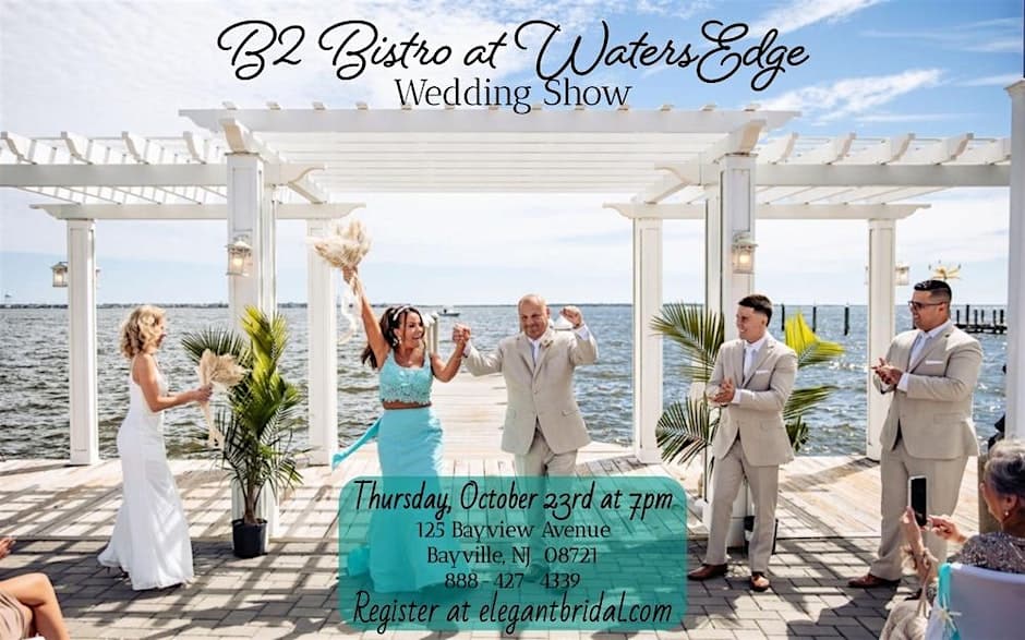 A bride and groom celebrate with their wedding party under a white pergola by the water at B2 Bistro at Waters Edge in Bayville.