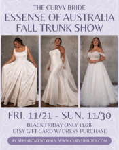 13307-manalapan-blog-post-image-20251018154953 A collage of three plus-size models wearing different elegant Essense of Australia wedding gowns, with event text for the Curvy Trunk Show overlaid.