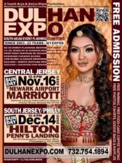 A detailed flyer for the Dulhan Expo South Asian Bridal Show, featuring a richly dressed South Asian bride with traditional jewelry and event details for two dates in New Jersey and Philadelphia.