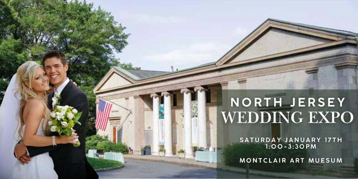 Bride and groom embracing in front of Montclair Art Museum - North Jersey Wedding Expo January 17th 2026