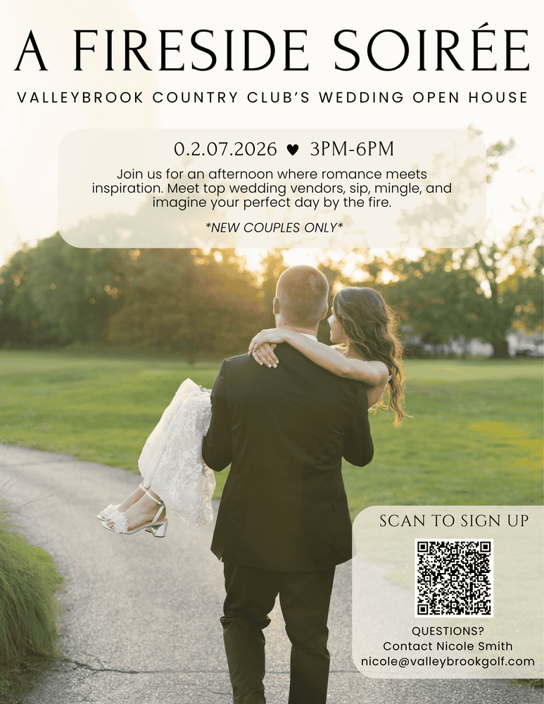 Promotional image for Valleybrook’s Fireside Soirée, a South Jersey wedding open house, showing an engaged couple at sunset with event date, time, and sign-up QR code
