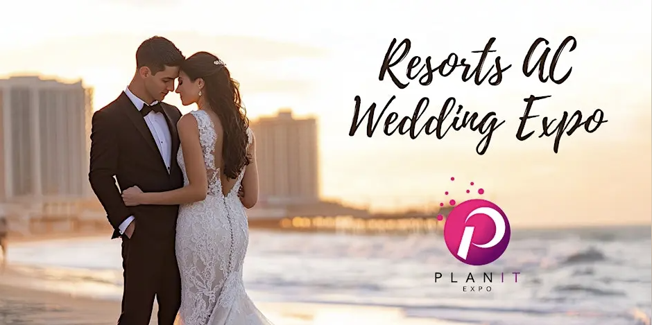 Bride and groom embracing on the beach in Atlantic City with Resorts AC Wedding Expo text and Plan It Expo logo